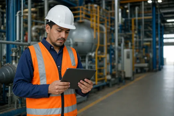 Supervisor inspeccionando una planta con su tablet