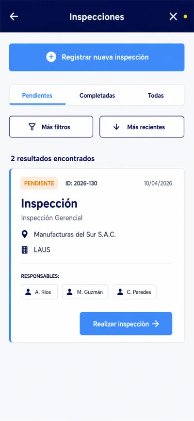 Lista de inspecciones en la app