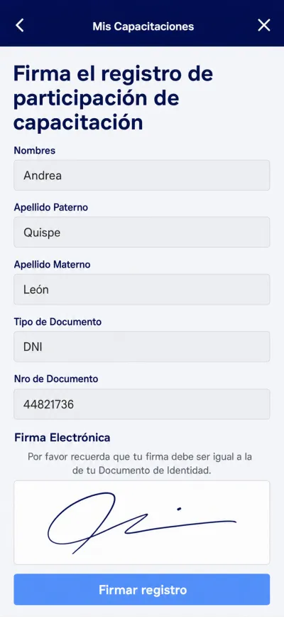 Firma del registro de capacitación en la app