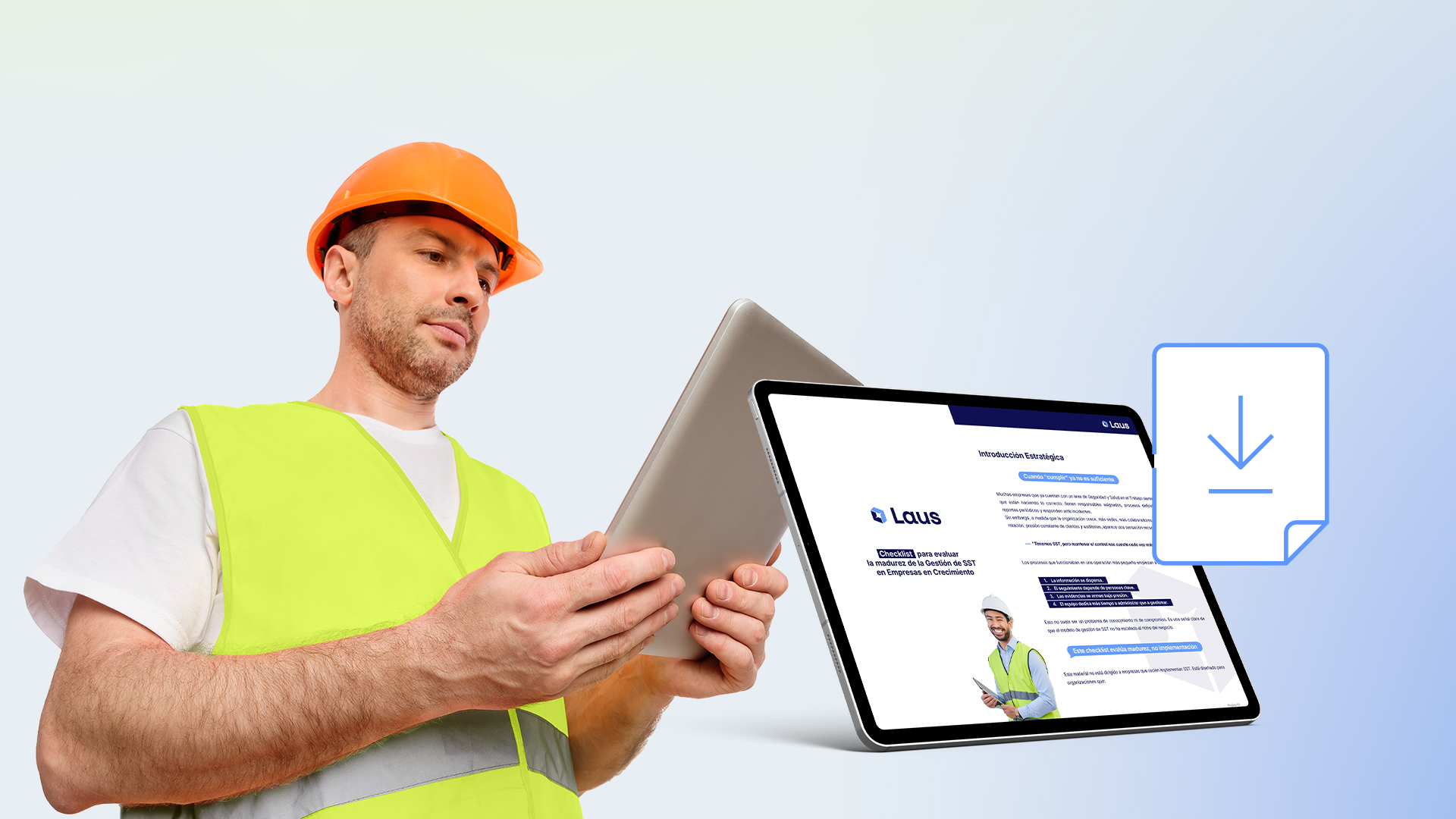 Profesional de SST usando una tablet para evaluar la madurez de la gestión de seguridad y salud en el trabajo en una empresa en crecimiento.