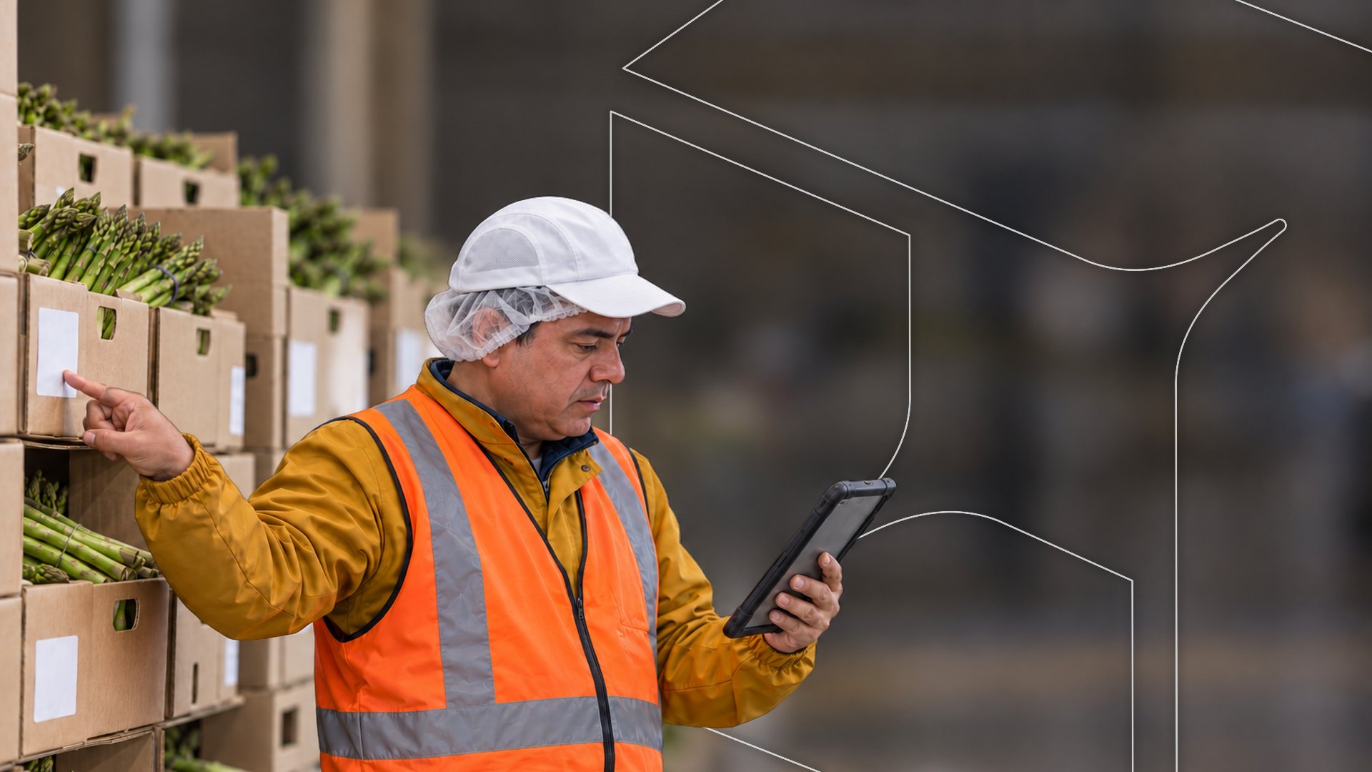 Supervisor de una planta de empaque de espárragos verifica en una tablet el lote de las cajas mientras señala una etiqueta