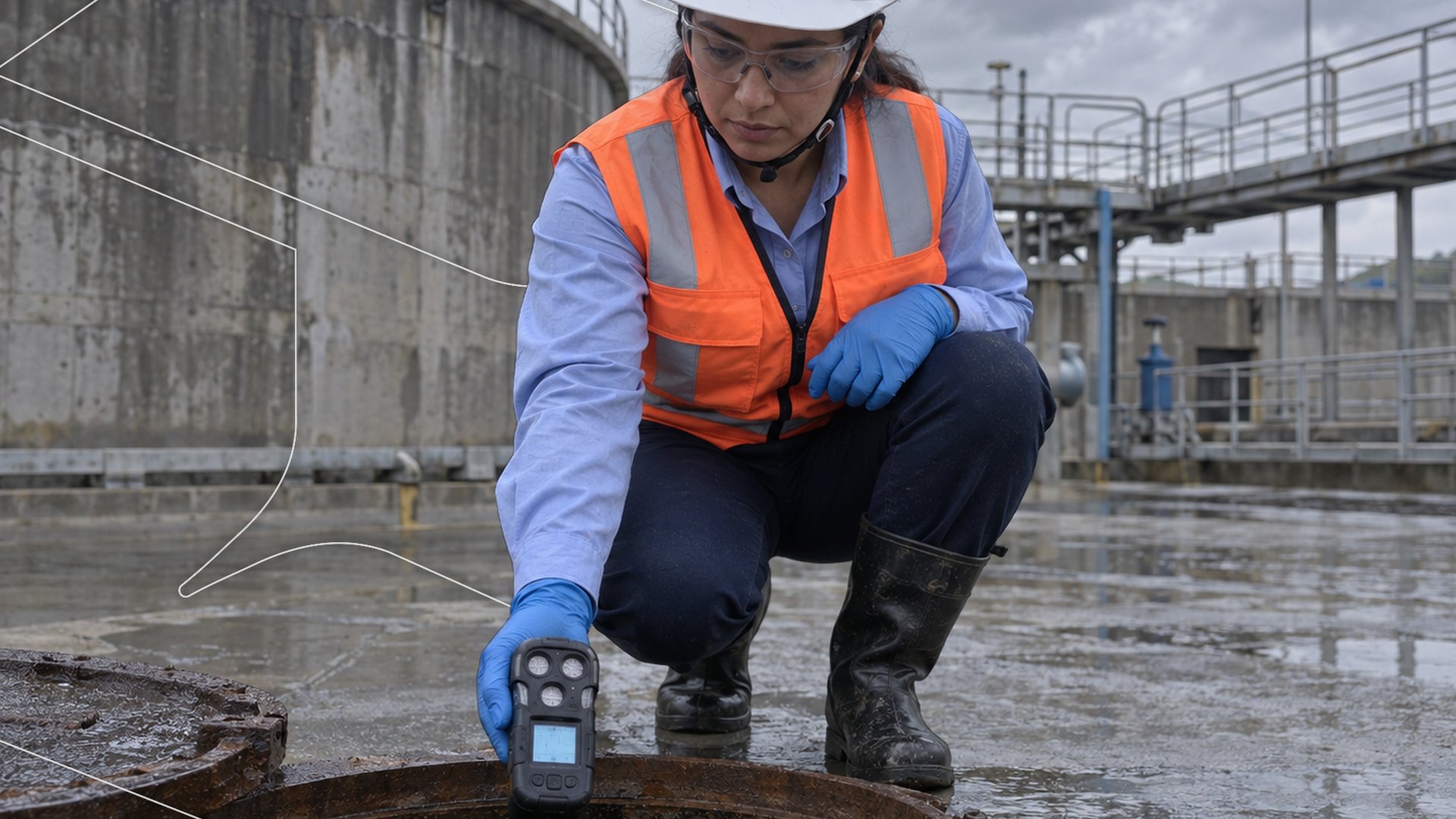 Supervisora de SST mide la atmósfera de un espacio confinado con un detector multigás en una planta de tratamiento de agua
