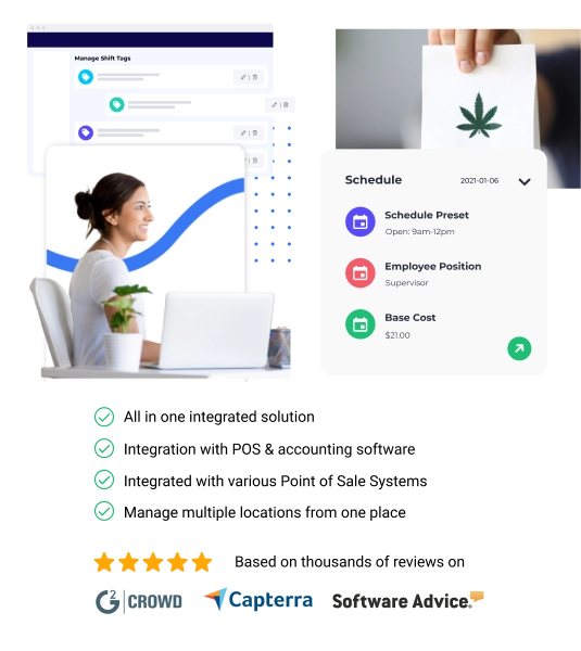Happy dispensary manager scheduling payroll on her laptop