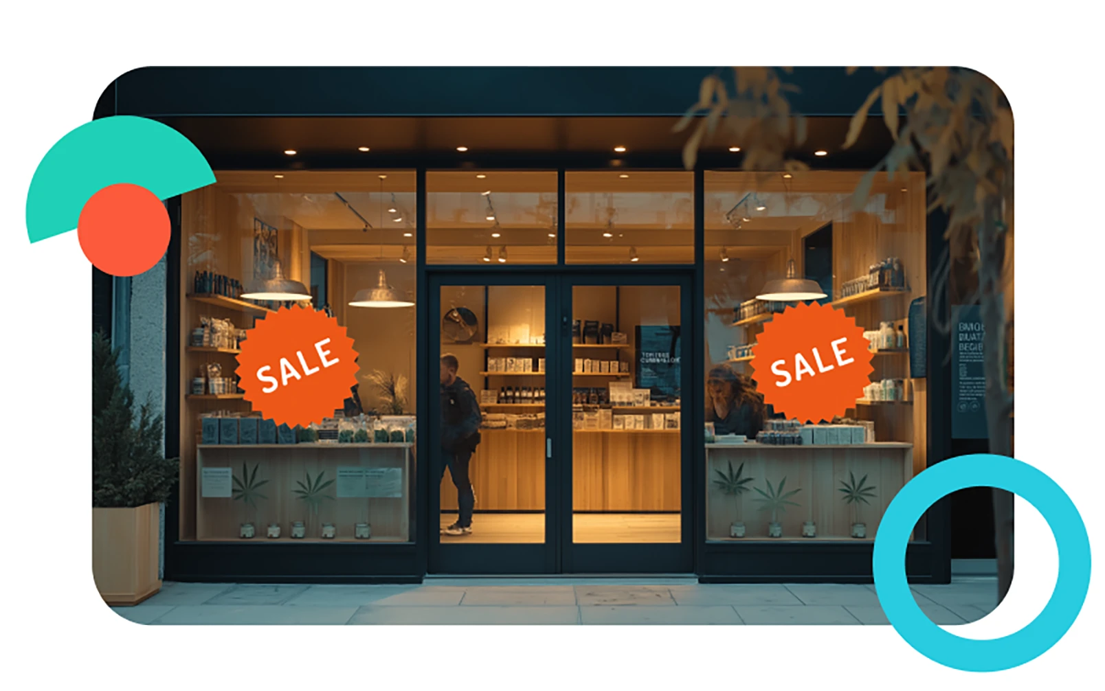 A legal New York dispensary with sale signs on its windows.