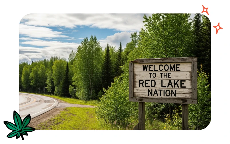 An outdoor wooden sign beside the road reads "Welcome to the Red Lake Nation"