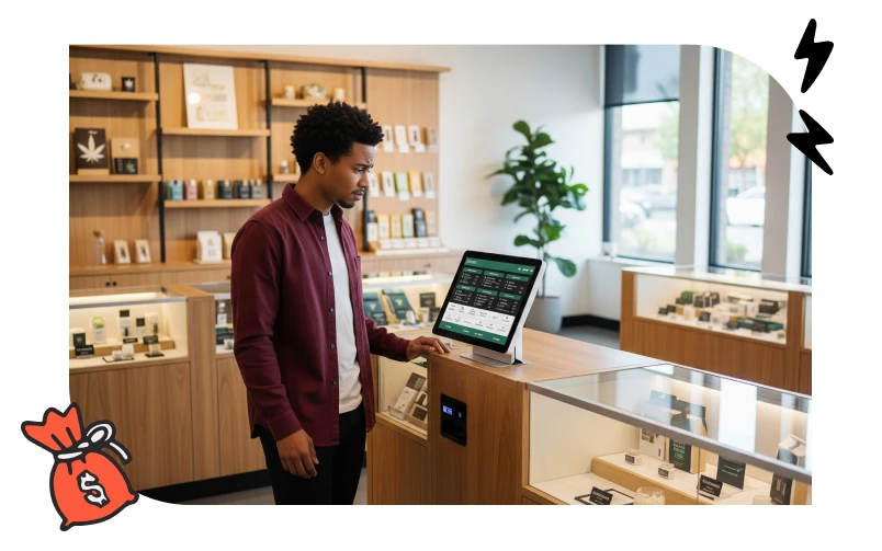 A cannabis business owner reviews his sales numbers on a computer screen with a concerned expression
