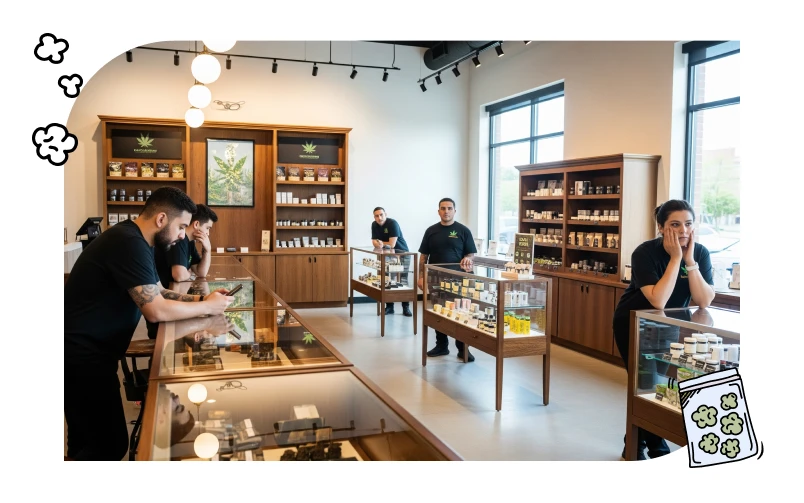Five employees at a cannabis store look bored as they wait for a customer to enter their empty store