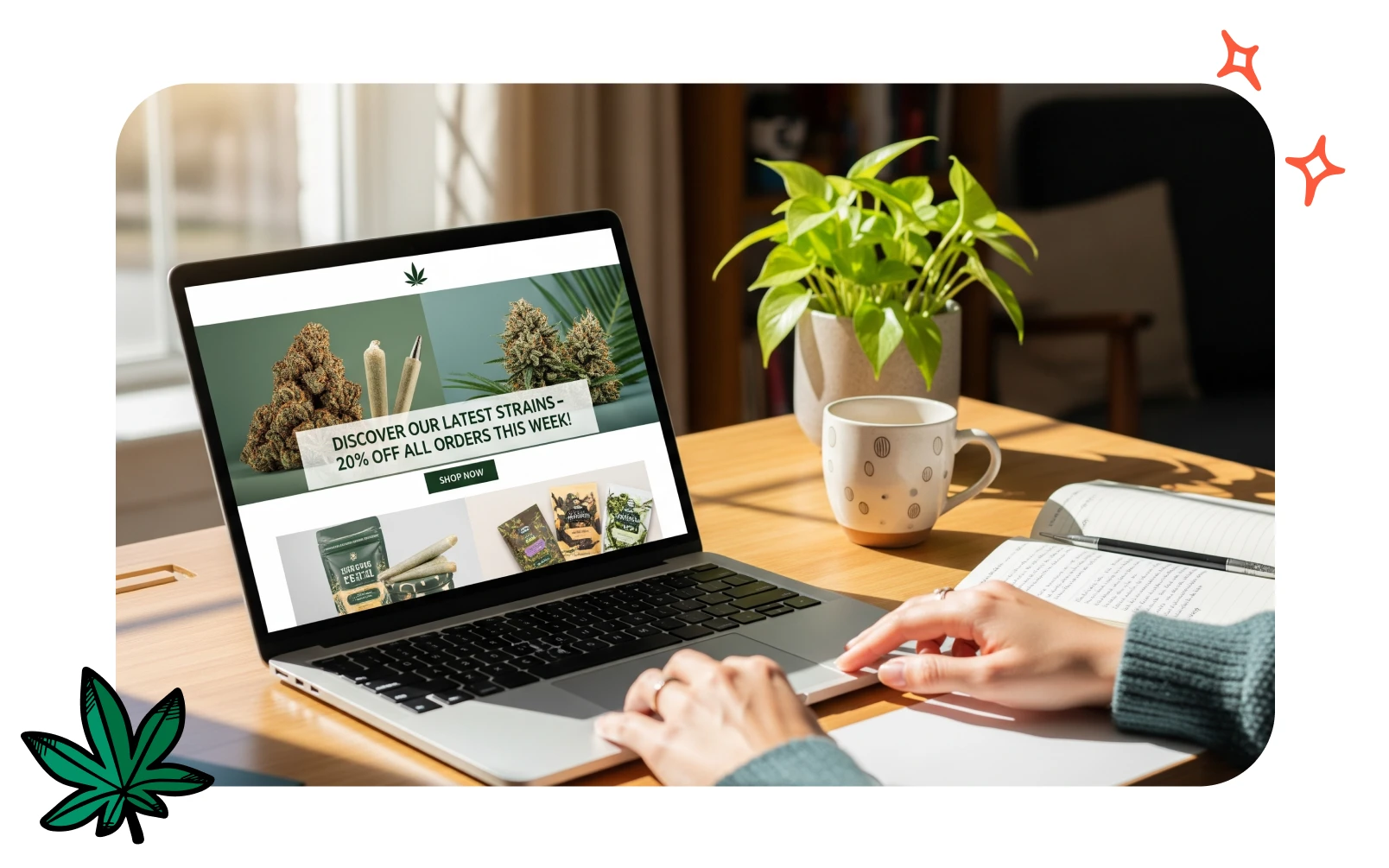 Someone is on their laptop, opening a 20% off sale email from a dispensary.
