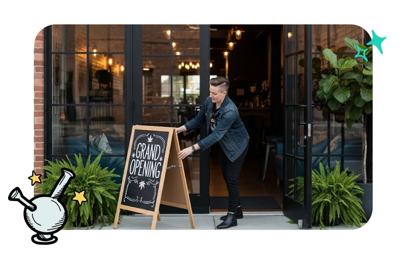 The owner of a new cannabis consumption lounge in NJ is putting out a Grand Opening chalkboard sign.