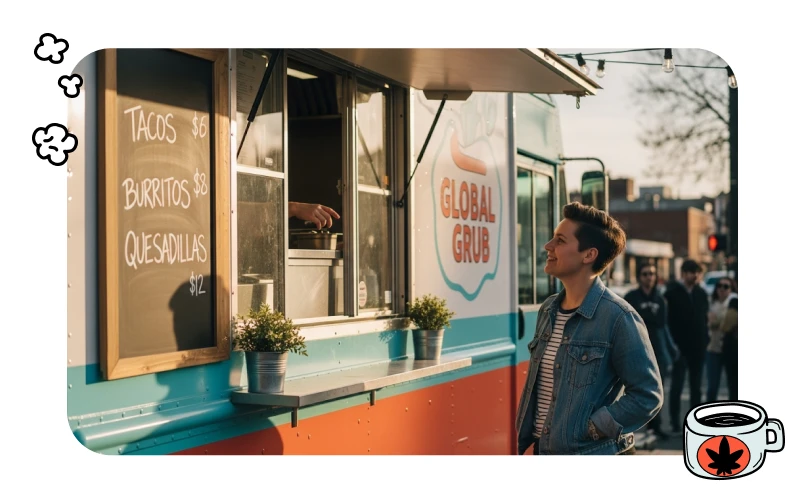 A woman is standing at the window of a food truck outside a cannabis consumption lounge.