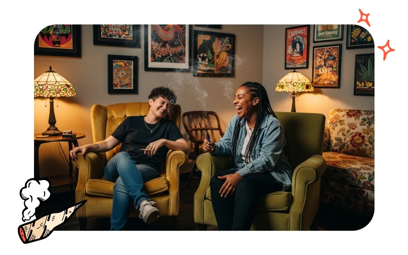 Two women are laughing while smoking cannabis inside a New Jersey consumption lounge.