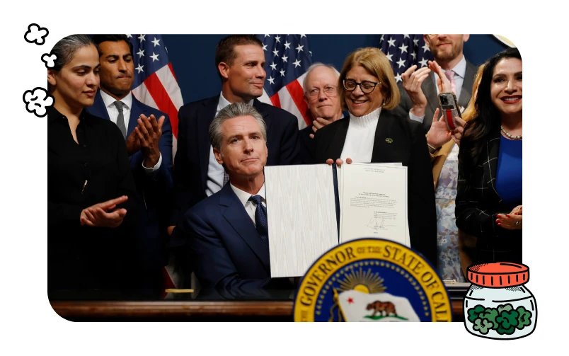 The California Governor is holding up a signed cannabis excise tax bill, AB 564, surrounded by people. 