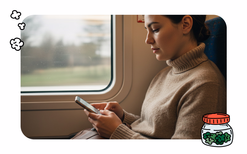 A woman is reading an email promotion from her dispensary on the train. 