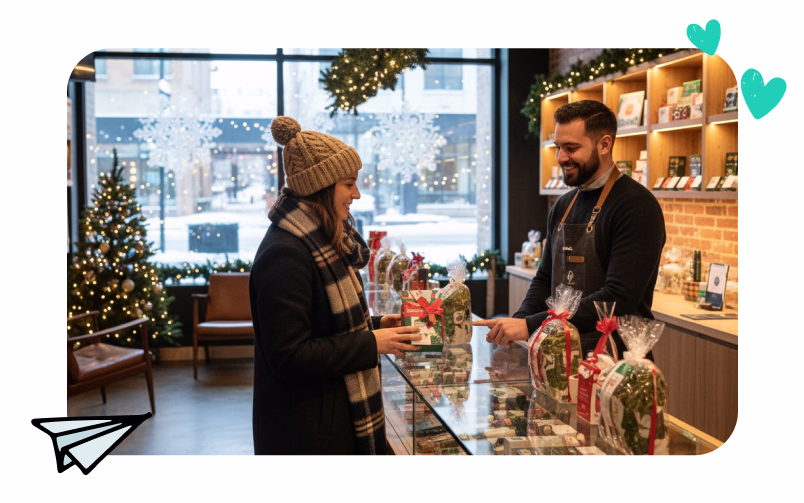 A dispensary shopper is purchasing holiday gifts. 