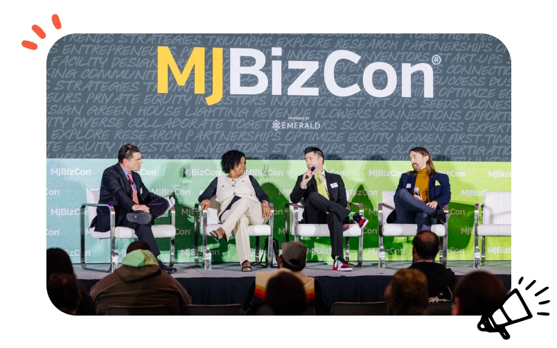 Speaker panel at MJBizCon featuring industry experts discussing cannabis business trends and innovations.