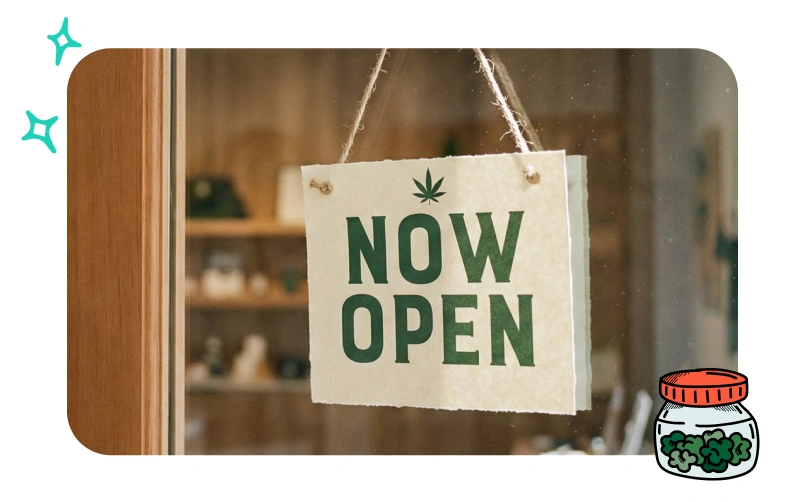 Bright ‘Now Open’ sign symbolizing new U.S. states launching legal cannabis markets.