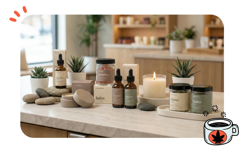 Elegant display of premium cannabis products arranged neatly on retail shelves.