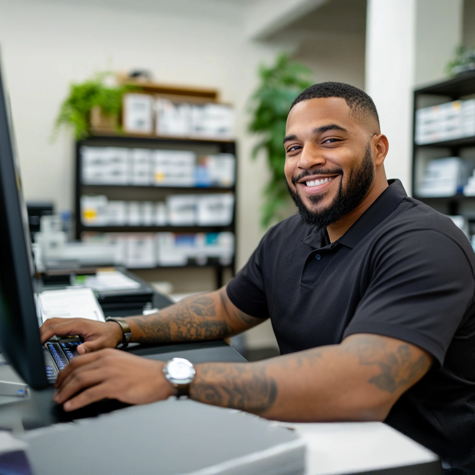 Modern cannabis dispensary interior with jars of buds and stylish product displays on wooden counters.