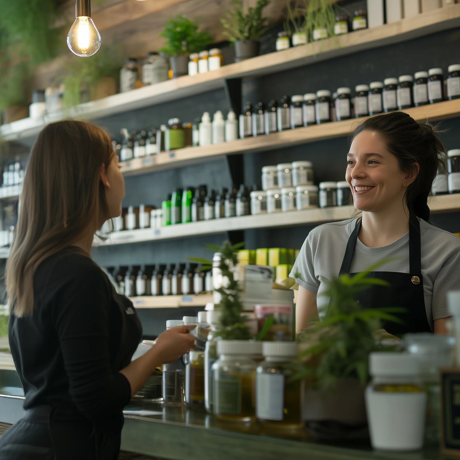 Modern cannabis dispensary interior with jars of buds and stylish product displays on wooden counters.