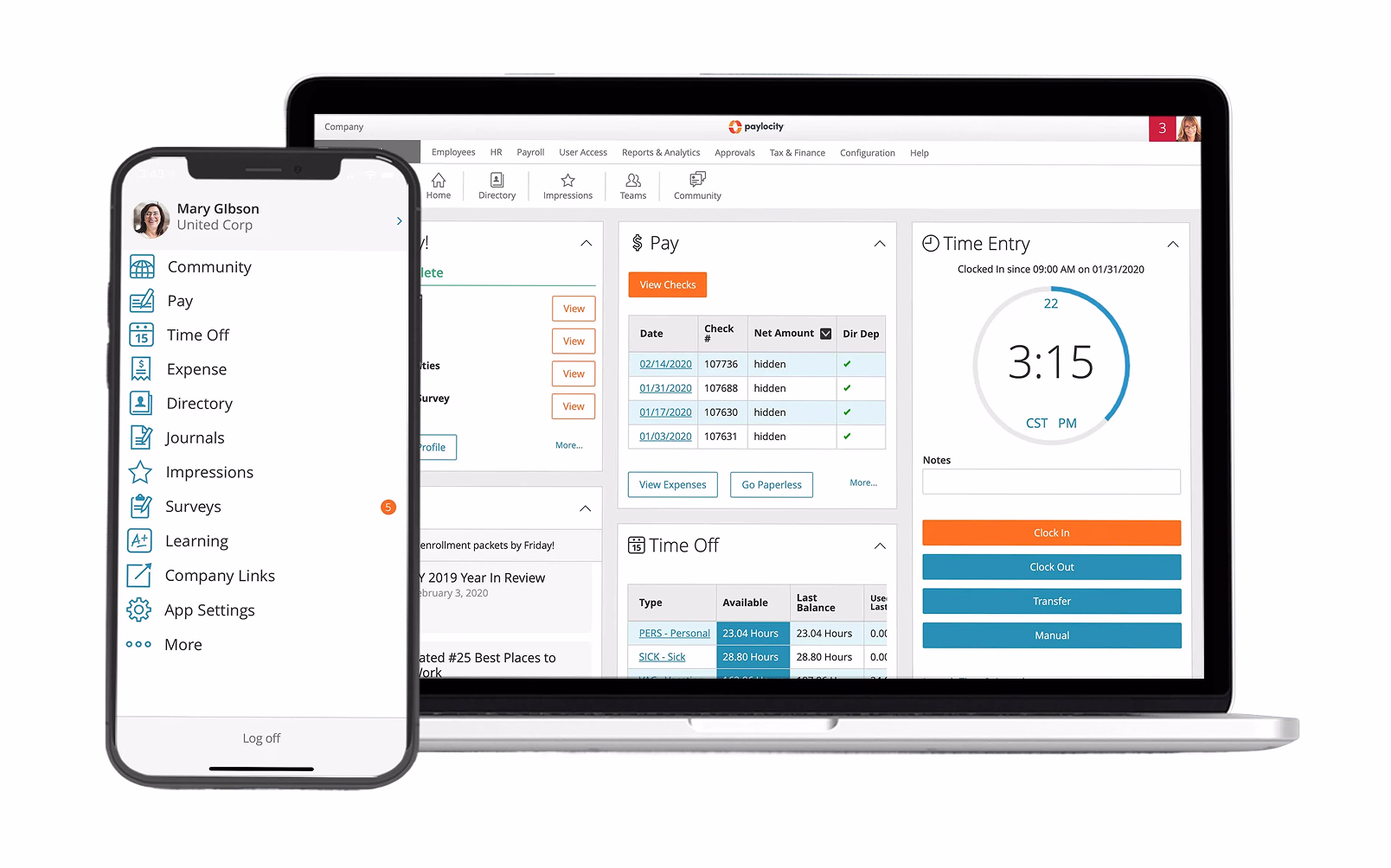 Paylocity payroll and workforce management screen highlighting payroll processing, attendance tracking, and analytics charts.