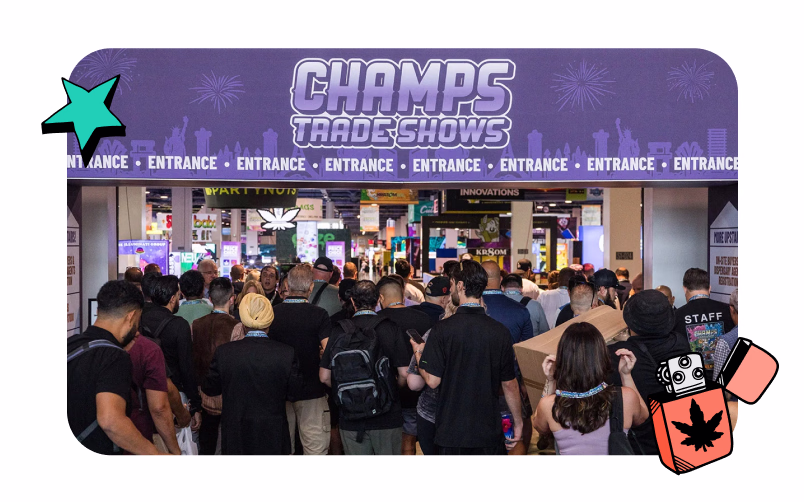 CHAMPS Trade Show floor in New Jersey featuring cannabis accessory brands, vendors, and retail buyers