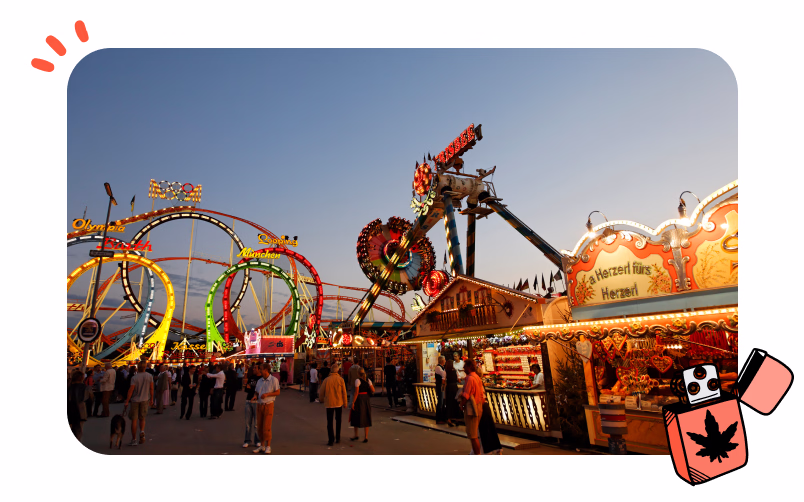 An electric state fair at sunset during the 420 weekend.