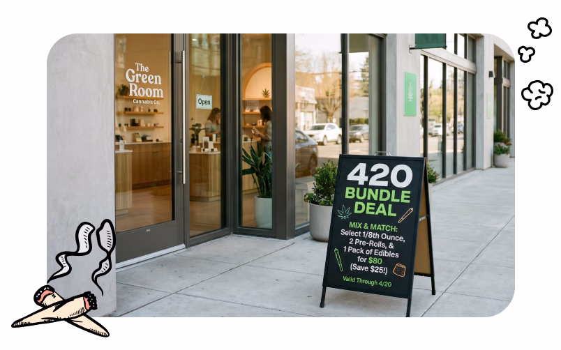 A promotional sign outside of a dispensary that says "420 Bundle Deal" to attract new customers