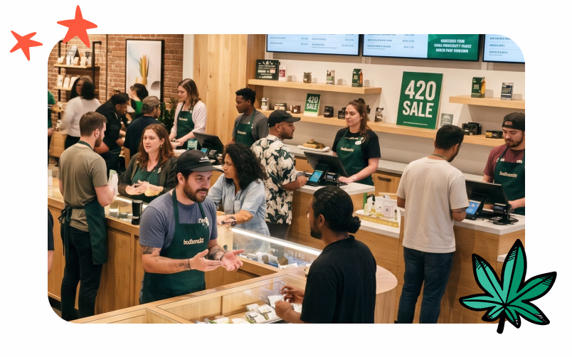 A busy dispensary on 420 with lots of engaged customers
