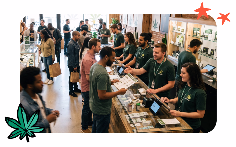 Shoppers and budtenders fill a dispensary during the 420 weekend.