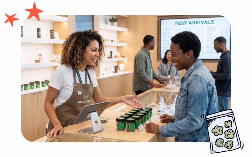 A newly hired budtender and a dispensary customer are laughing at the counter.