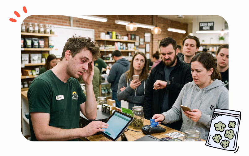 An over-worked and over-tired college-aged budtender mans the register while an angry line of customers wait.