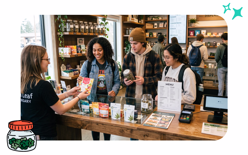 Three college-aged dispensary customers are browsing products.