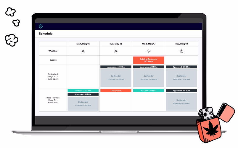 A laptop screen open to show a dispensary schedule built on KayaPush.