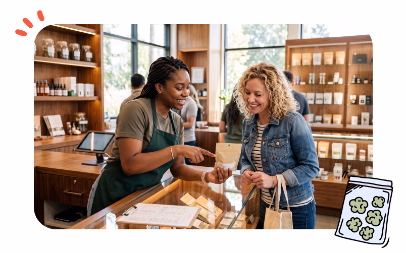 A newly trained budtender is recommending a product to a customer.