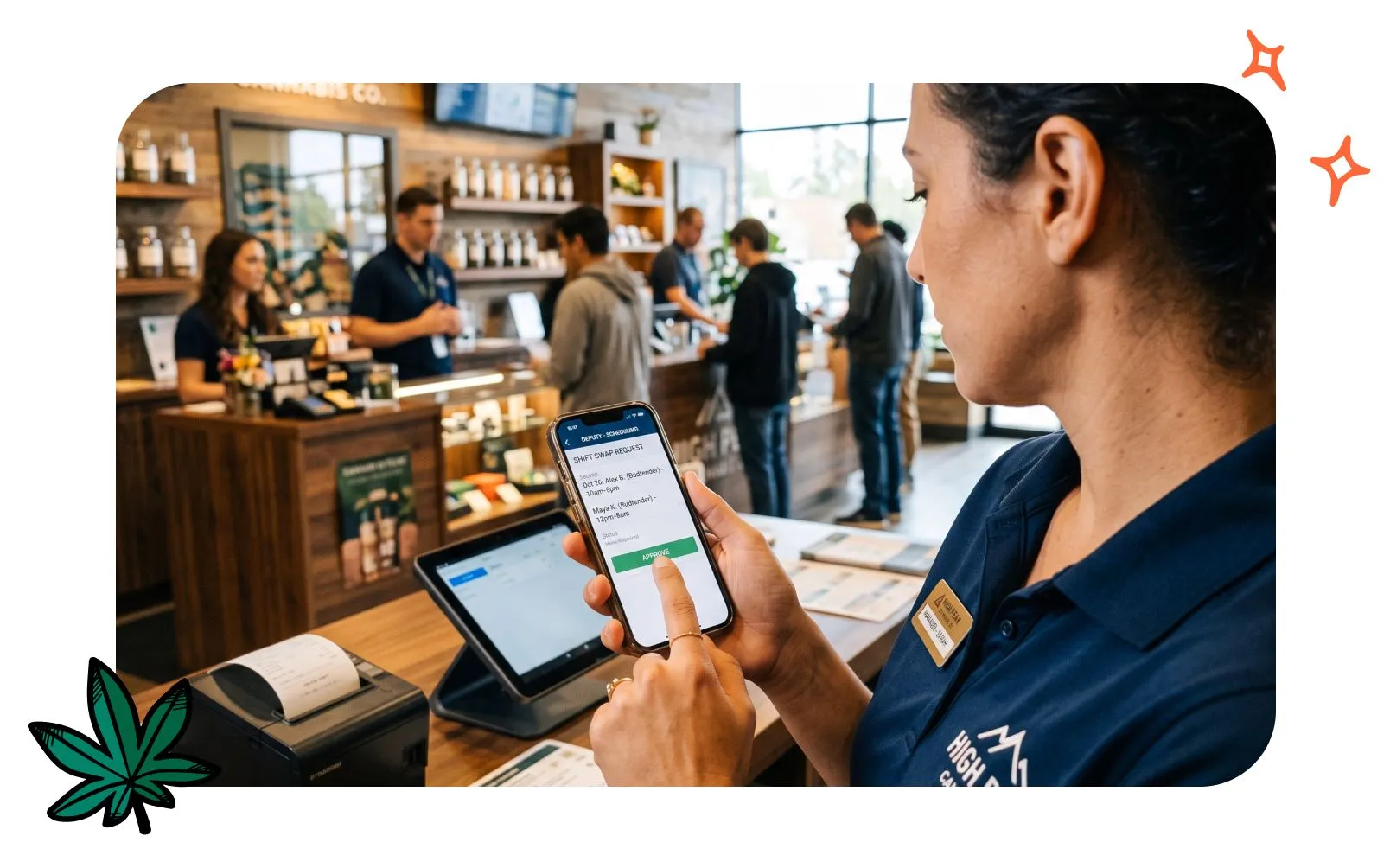 A dispensary manager is reviewing a scheduling change request on her phone.
