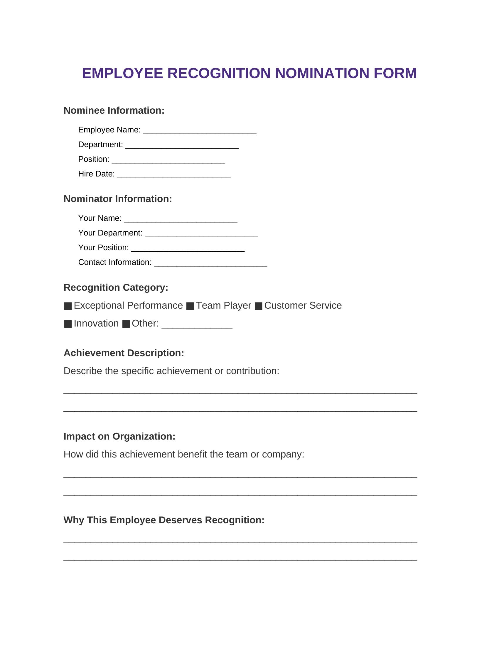 Simple Recognition Nomination Form Template