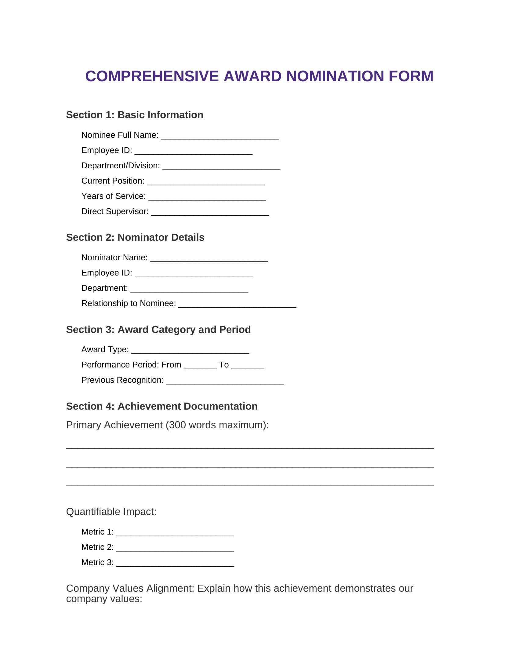 Comprehensive Recognition Nomination Form Template