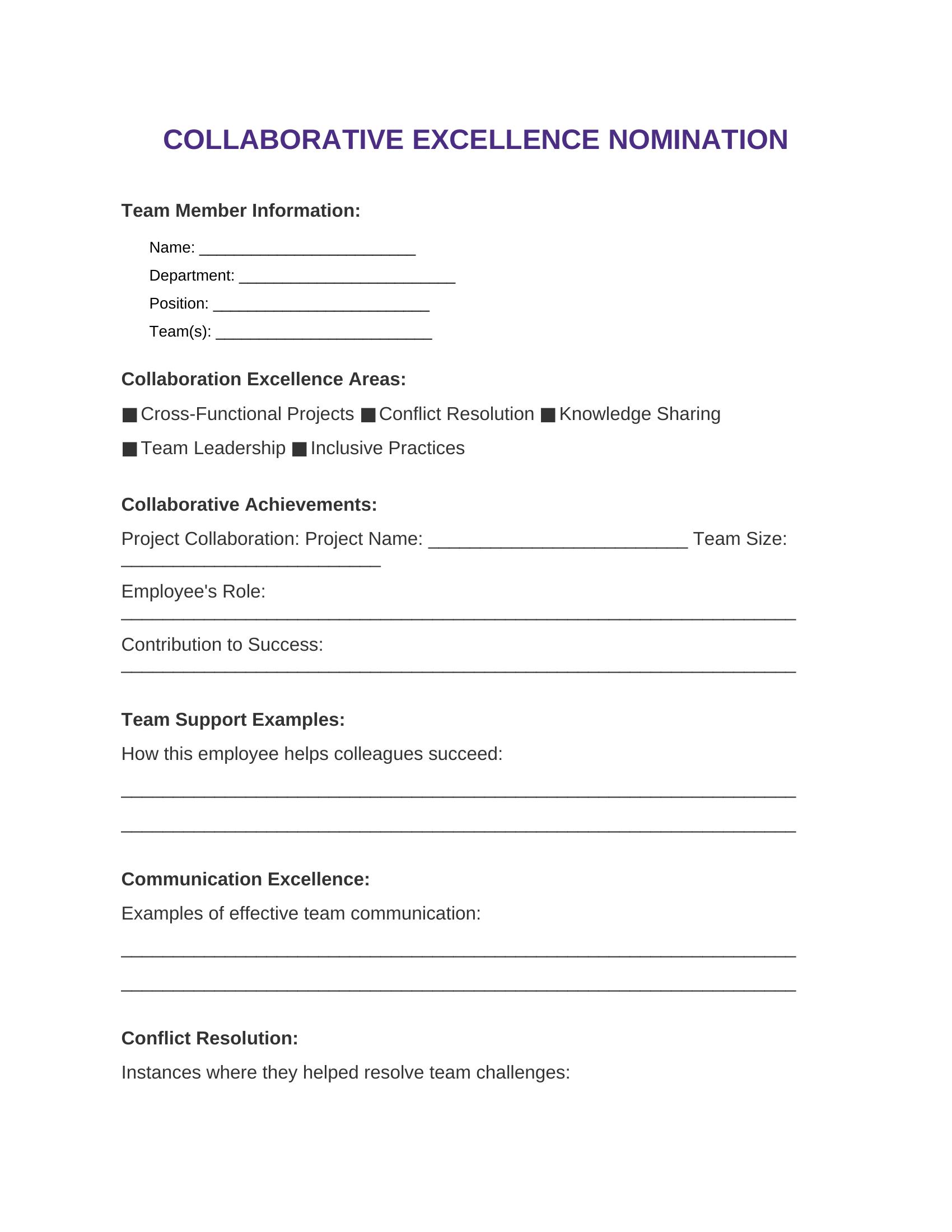 Team Collaboration Excellence Nomination Template
