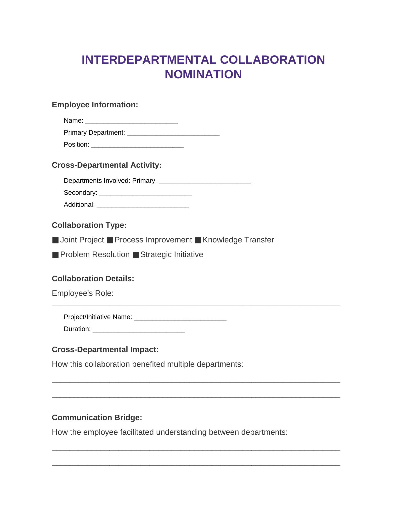 Cross-Departmental Excellence Nomination Template