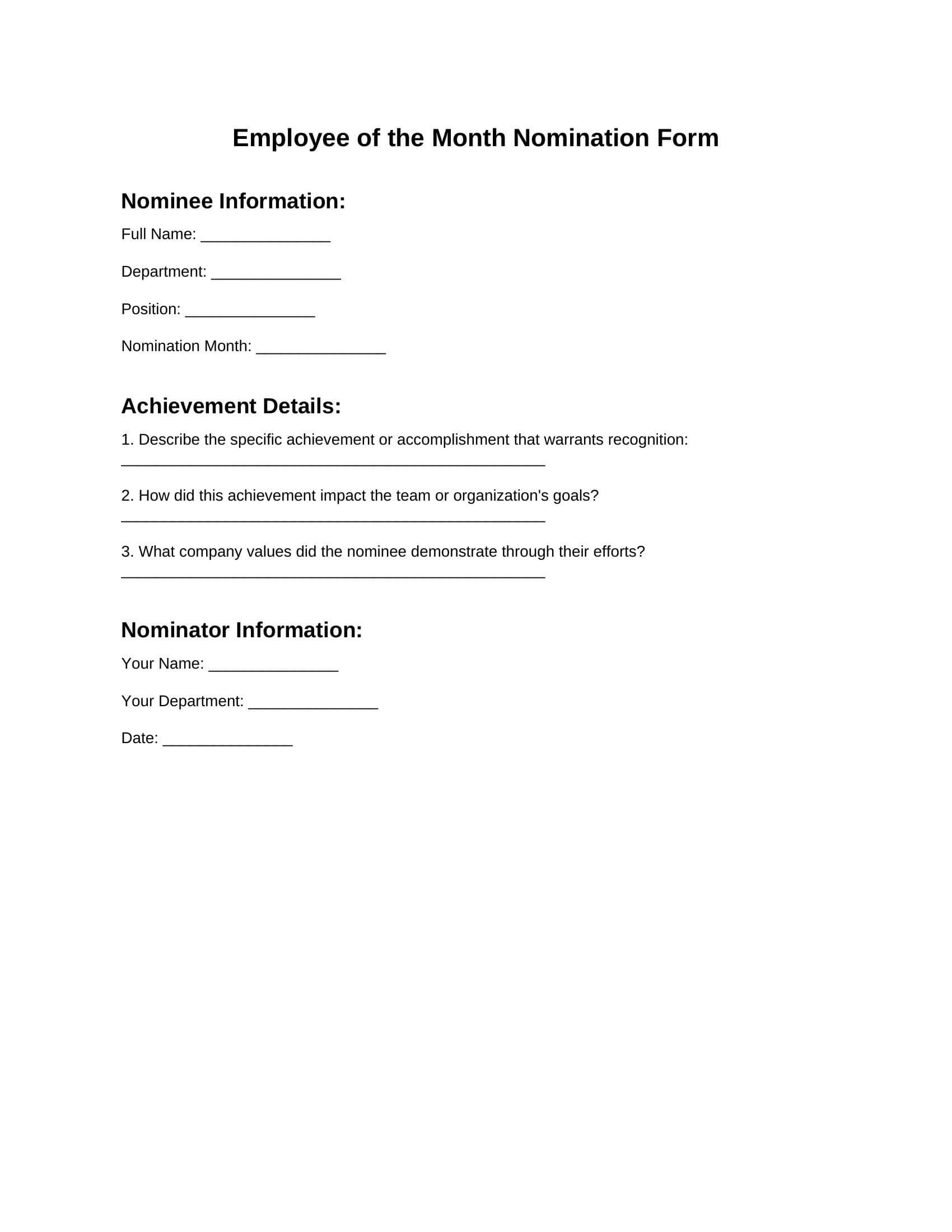 Template 1: Achievement-Focused Employee Nomination Form