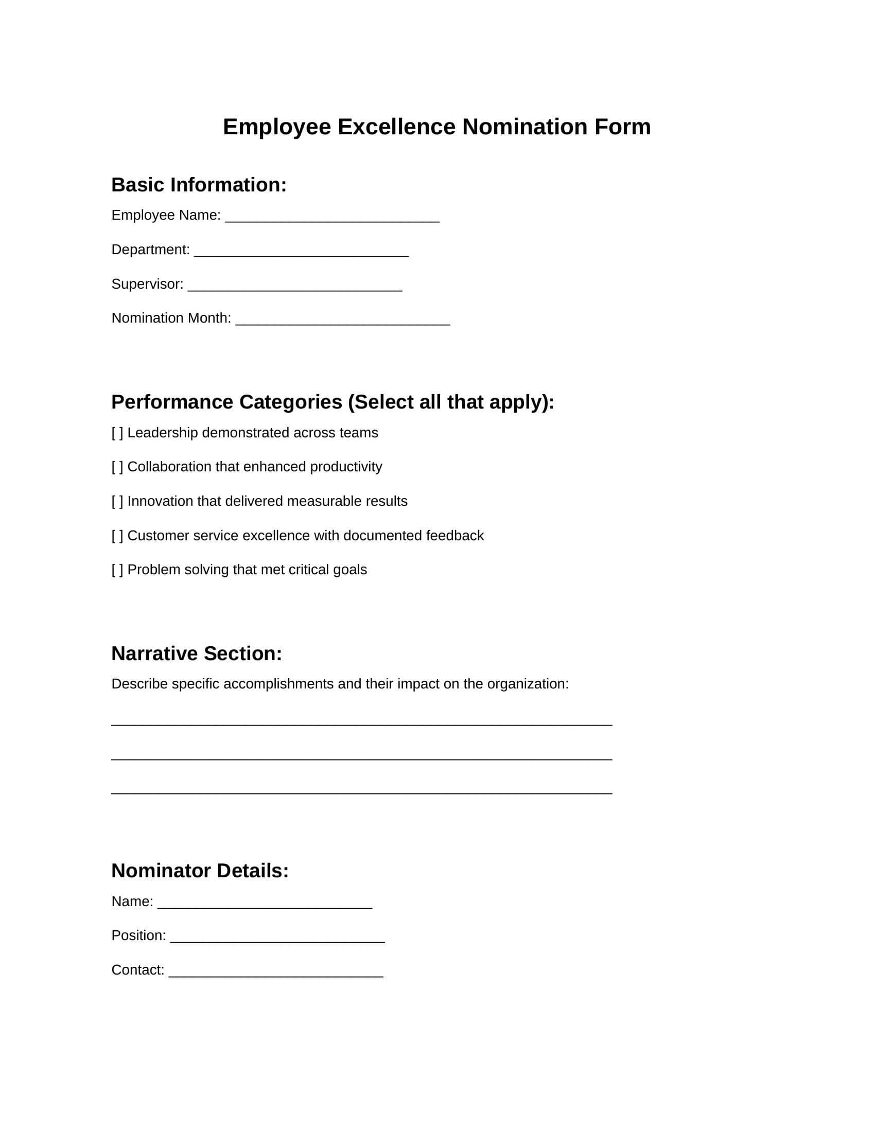 Template 3: Comprehensive Performance Employee Nomination Form