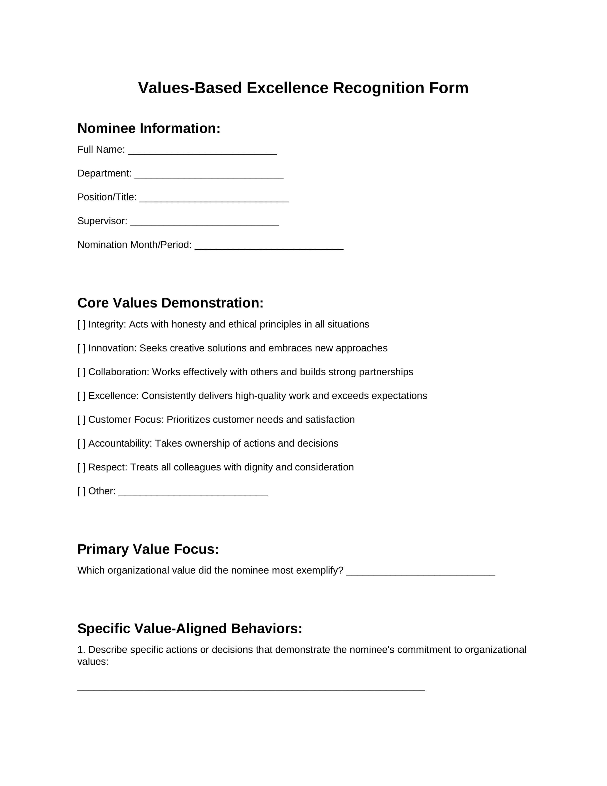 Template 4: Values-Driven Employee Nomination Form