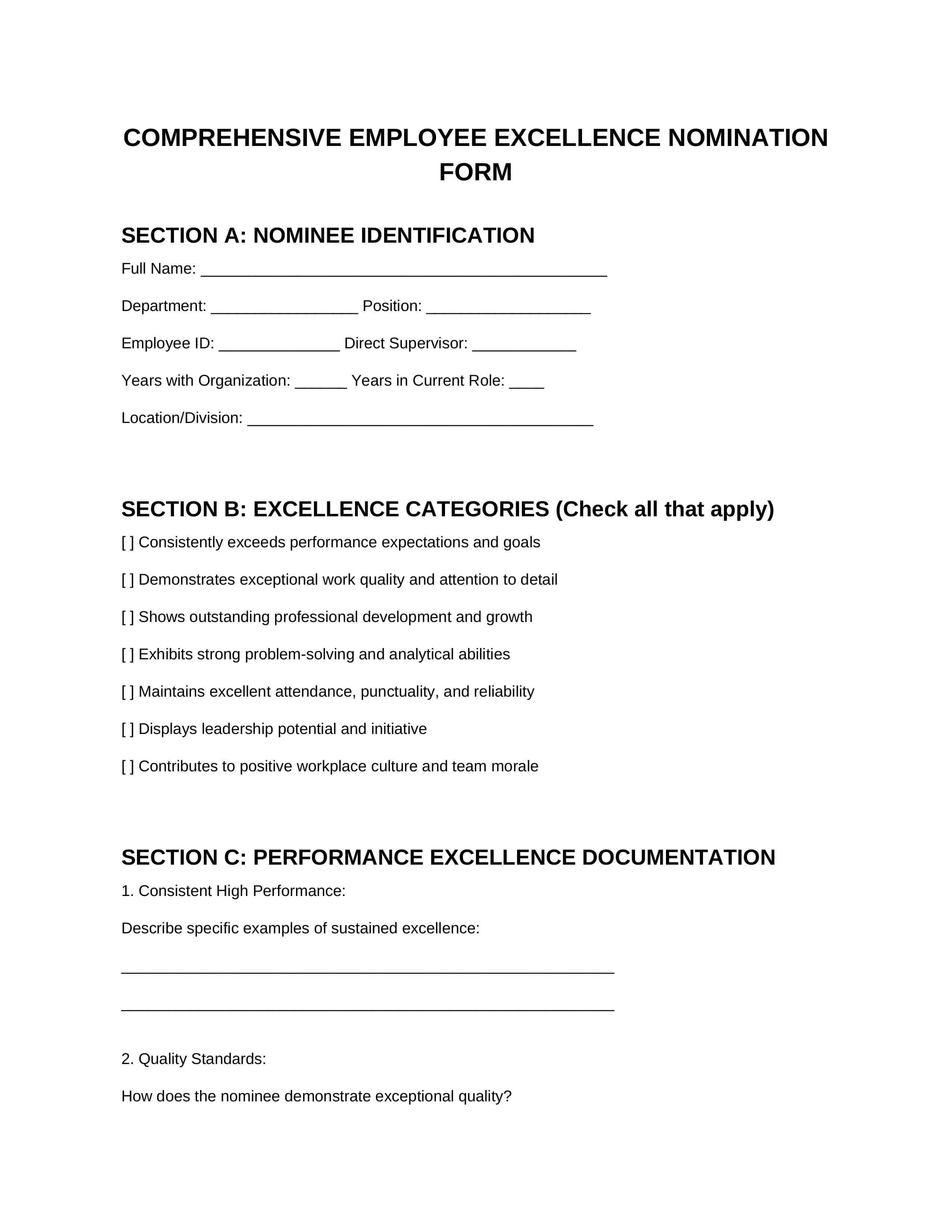 Form 1: Comprehensive Employee Excellence Template