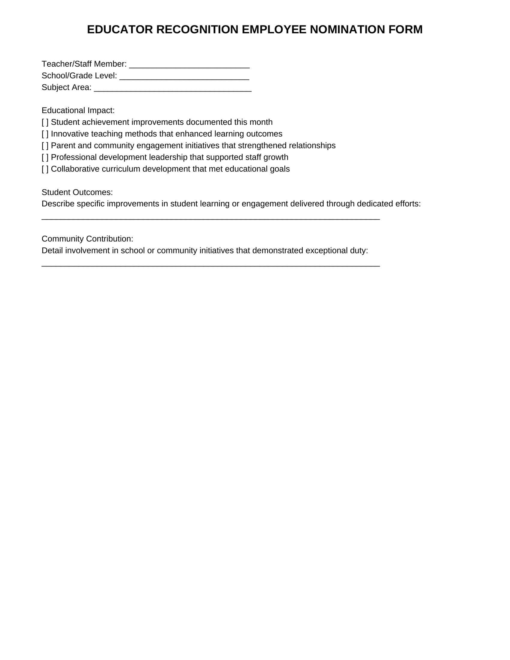 Education Form 1: Teaching Excellence Template