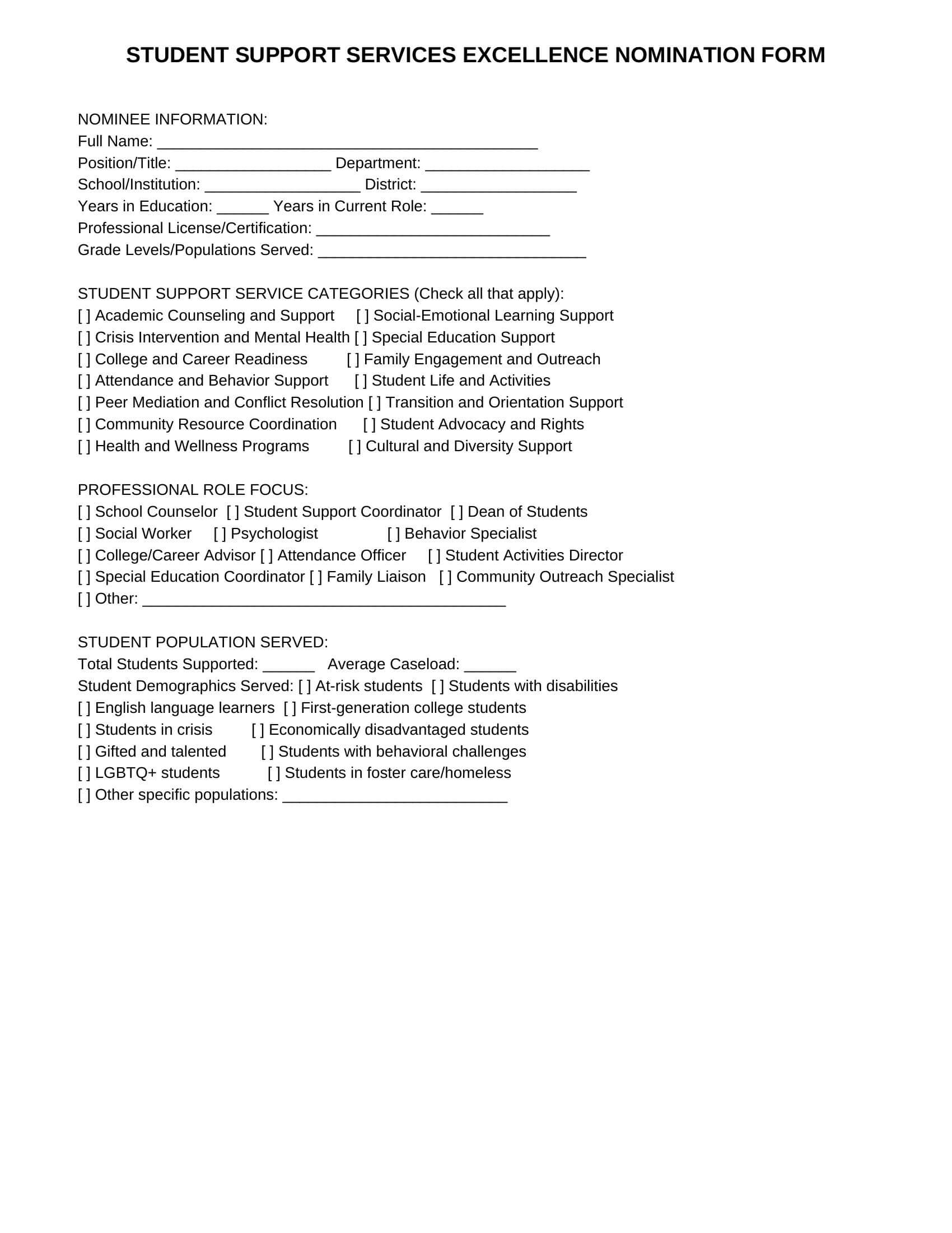 Education Form 2: Student Support Services Excellence