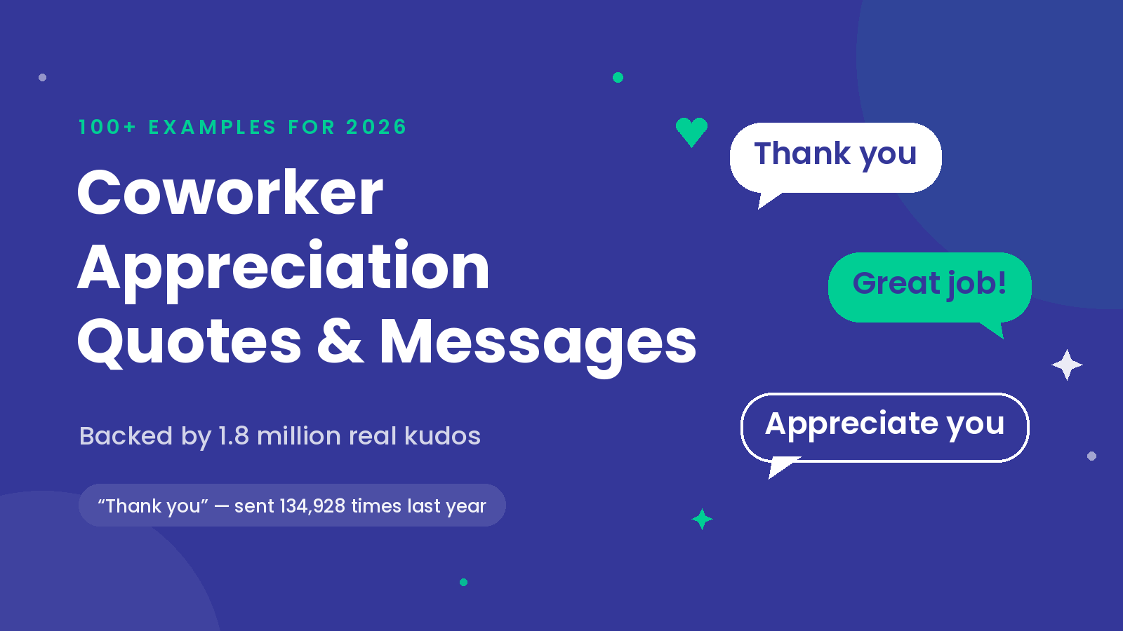 Illustrated cover with chat bubbles reading Thank you, Great job, and Appreciate you — 100+ coworker appreciation quotes backed by 1.8 million real kudos.