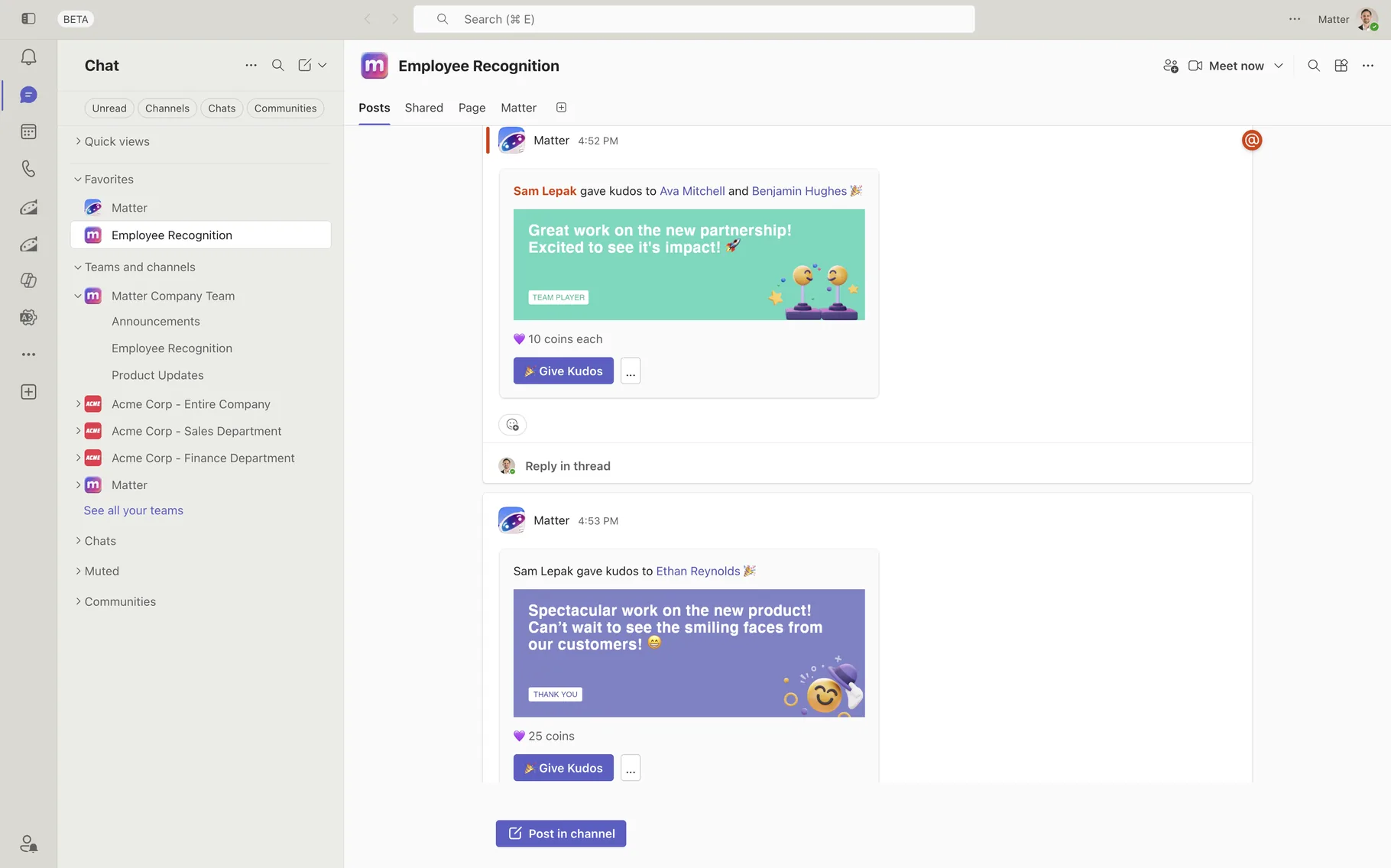 Matter employee recognition in Microsoft Teams with kudos cards and Give Kudos button