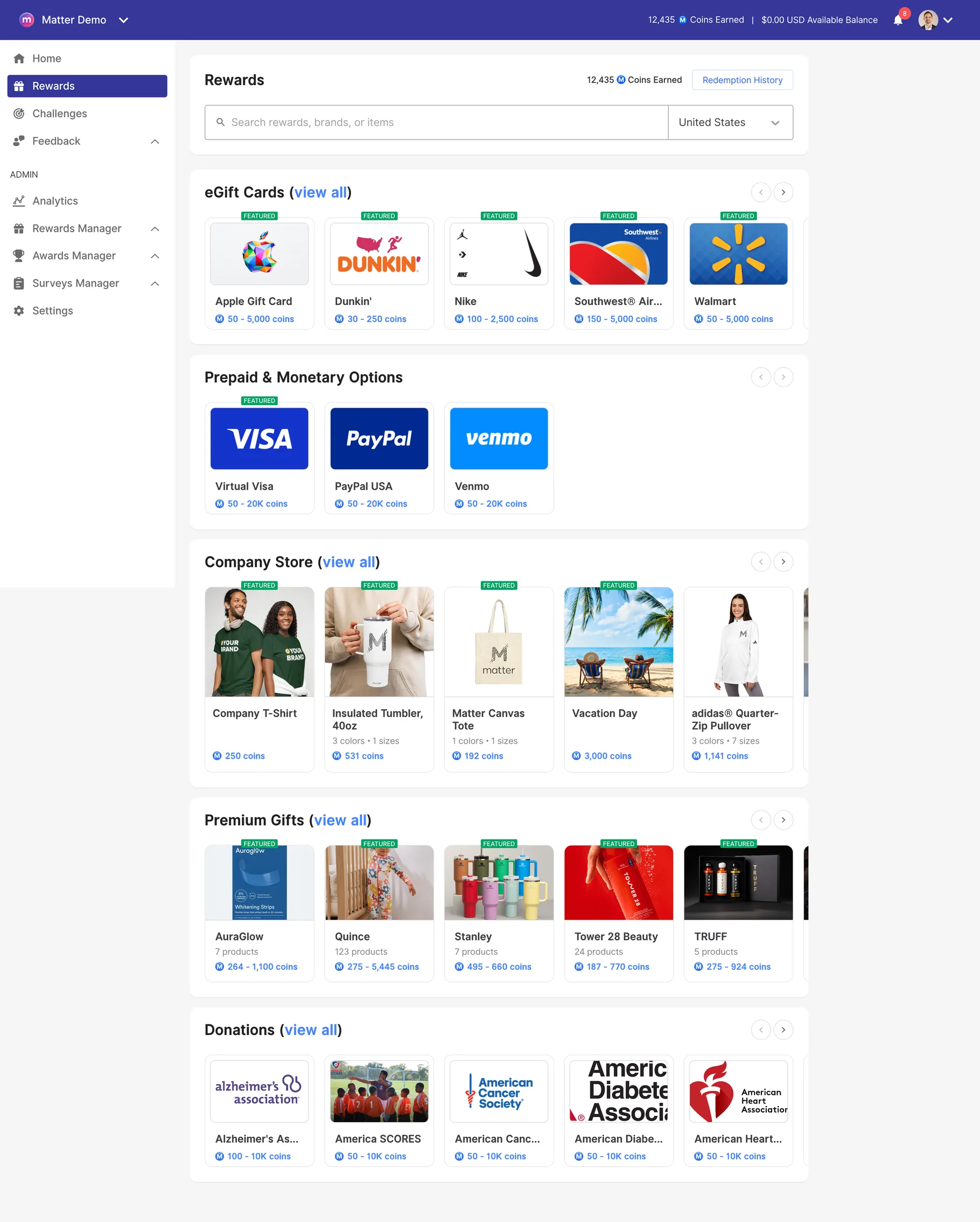 Matter rewards store showing eGift cards, prepaid Visa and PayPal options, company swag, premium gifts, and charitable donations