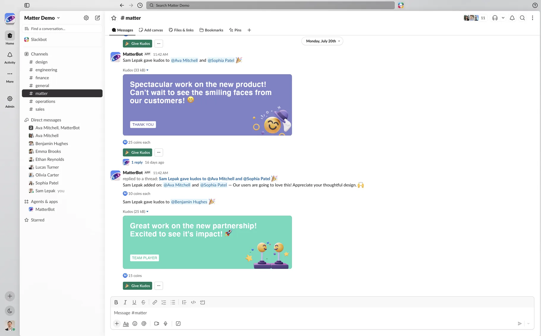 Matter employee recognition in Slack with designed kudos cards and coins