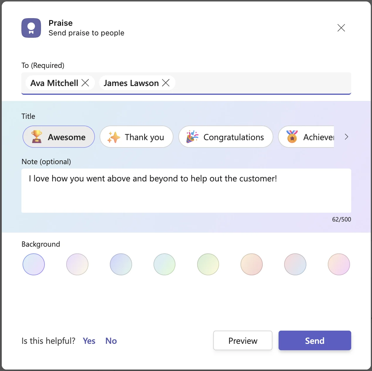 Microsoft Praise compose panel in Teams showing recipients, the 14 fixed titles, a note field, and background colors